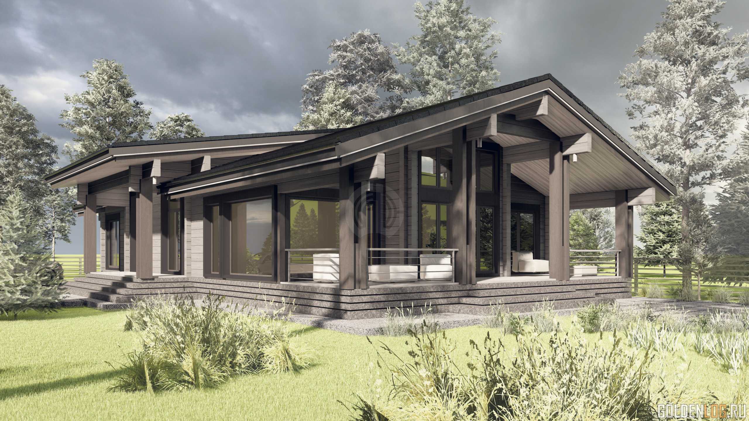 Проект одноэтажного дома 12.6x19.3 из клееного бруса площадью 223 м2