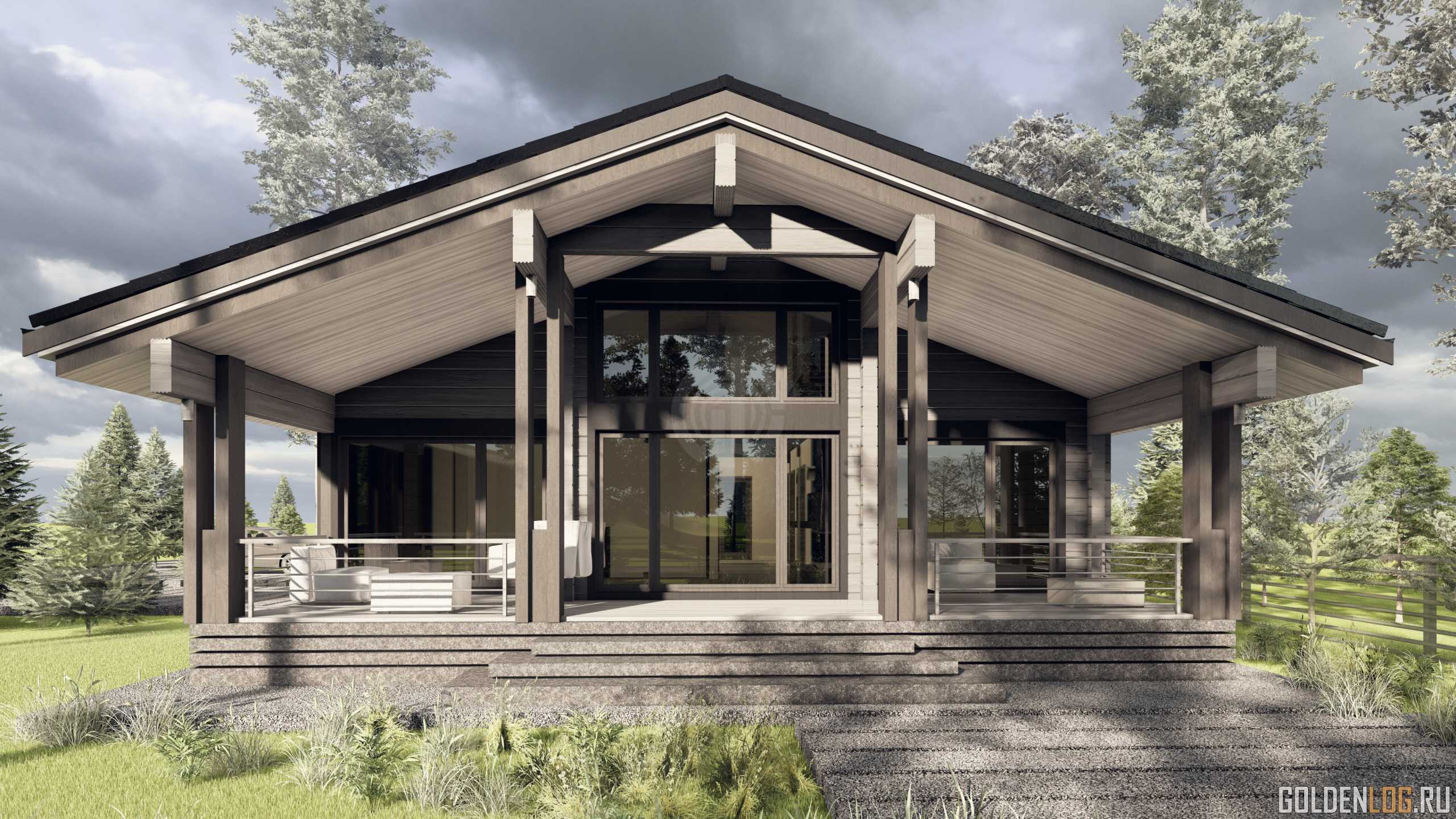 Проект одноэтажного дома 12.6x19.3 из клееного бруса площадью 223 м2