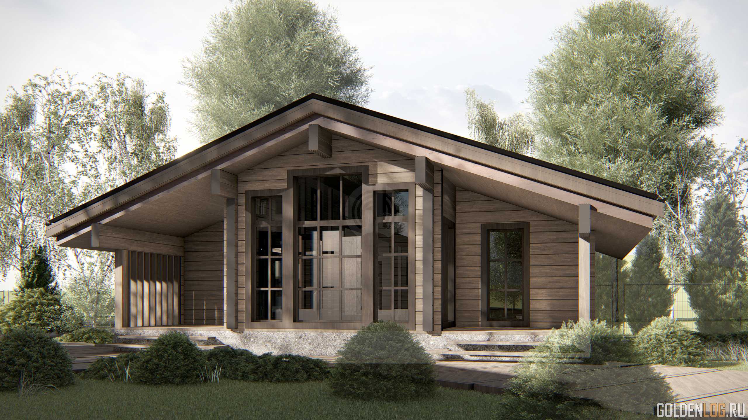 Проект одноэтажного дома 7,3x10,4 из клееного бруса площадью 76 м2