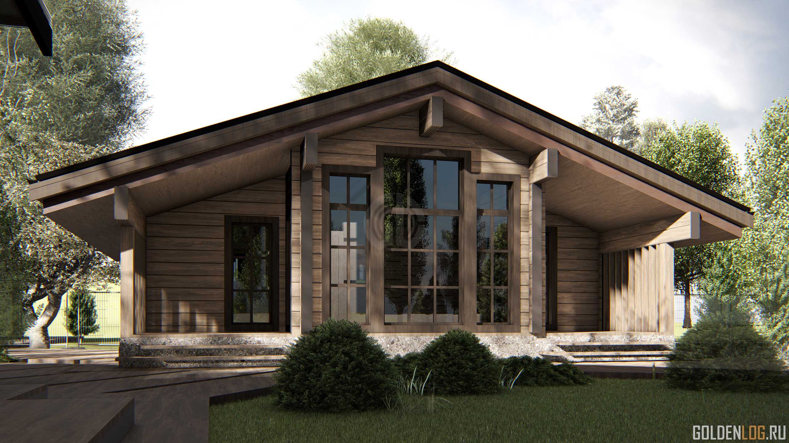 Проект одноэтажного дома 7,3x10,4 из клееного бруса площадью 76 м2