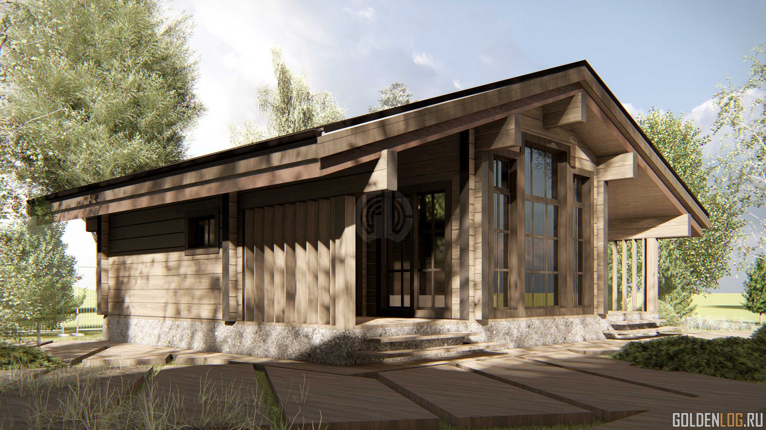 Проект одноэтажного дома 7,3x10,4 из клееного бруса площадью 76 м2